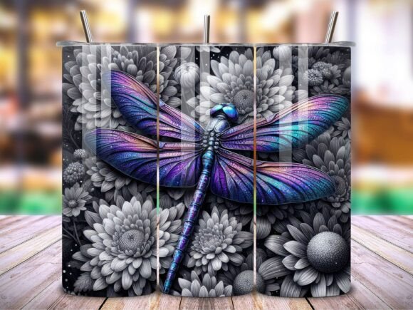 Purple And Blue Dragonfly Black And White Floral Tumbler