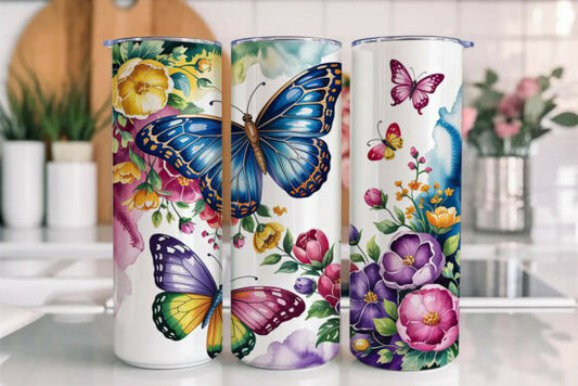 Beautiful Nature Blue Butterfly Floral Design Tumbler