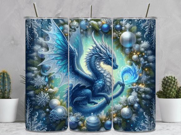 Christmas Fantasy Blue Dragon Wreath Tumbler